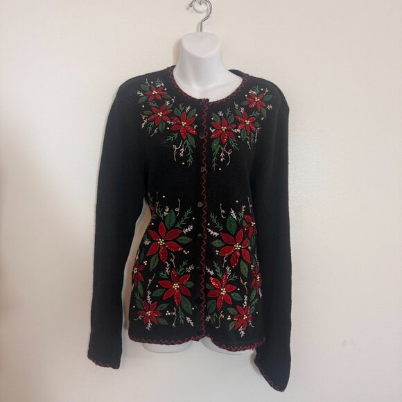 Vintage 90's Christmas Cardigan | Poinsettia Sequin Sweater | Beaded | S/M - Picture 3 of 10